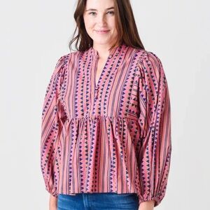 Oliphant Women’s Sz L Mandarin Balloon Blouse Tribal Top Boho Classy Flowy Top